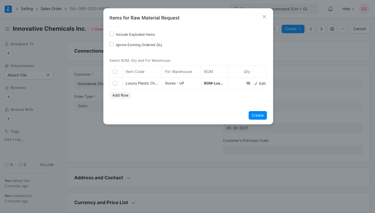 Request For Raw Materials Dialog