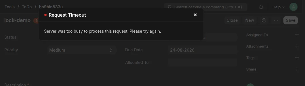 The Request Timeout dialog in the desk interface, with the message Server was too busy to process this request. Please try again.