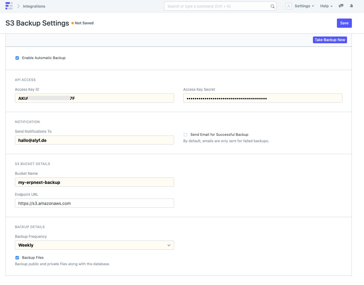 S3 Backup Settings in ERPNext