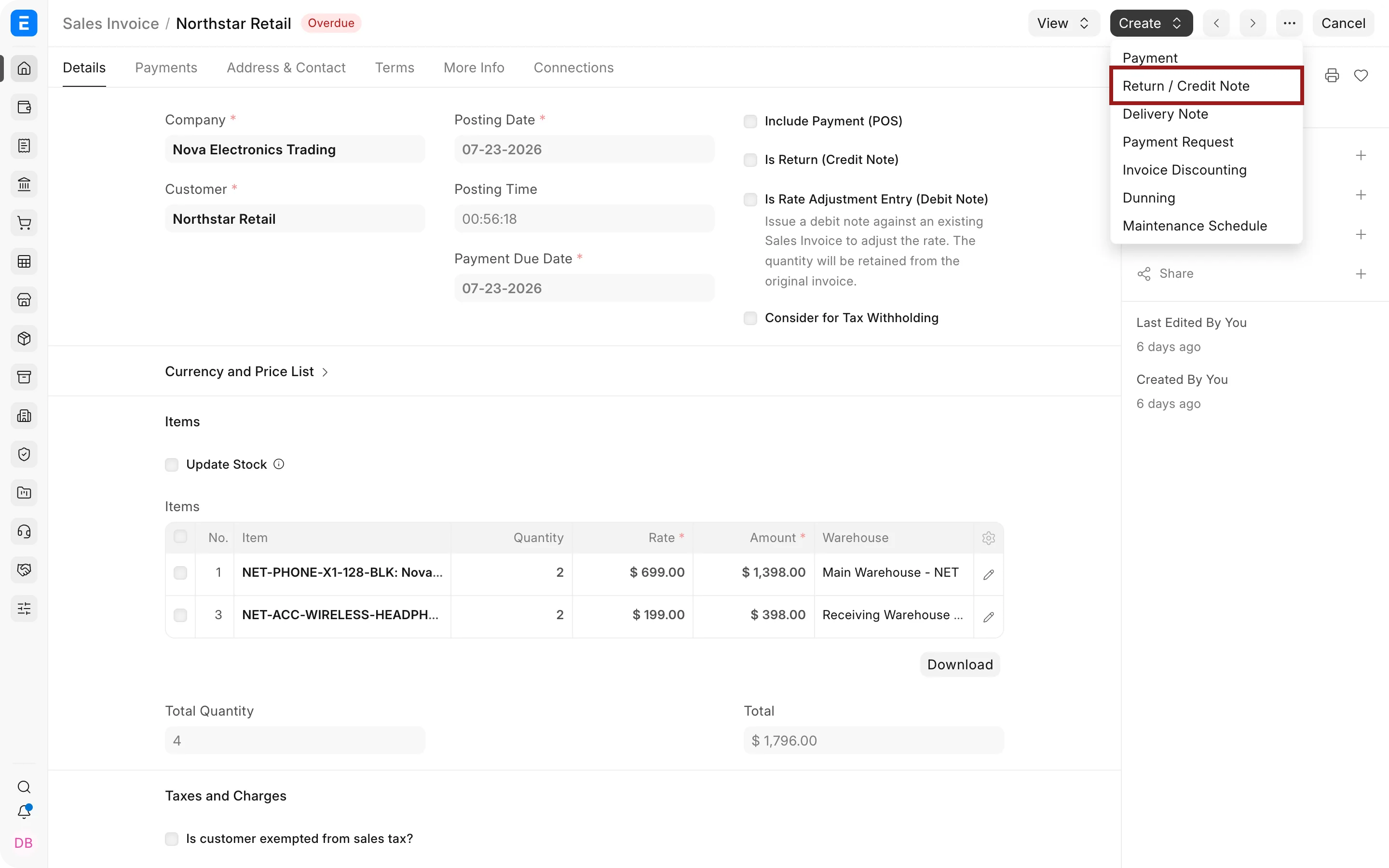Create menu with Return or Credit Note highlighted.
