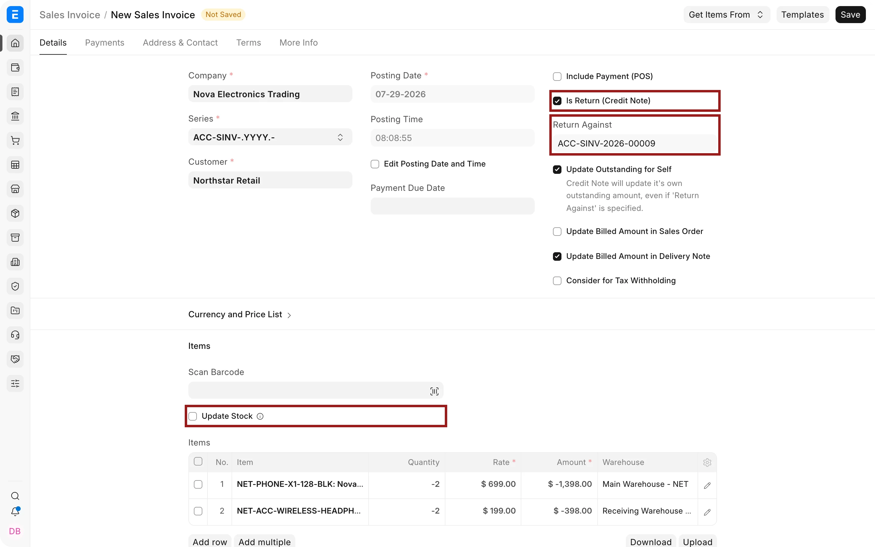 Credit Note with Is Return, Return Against, and Update Stock highlighted.