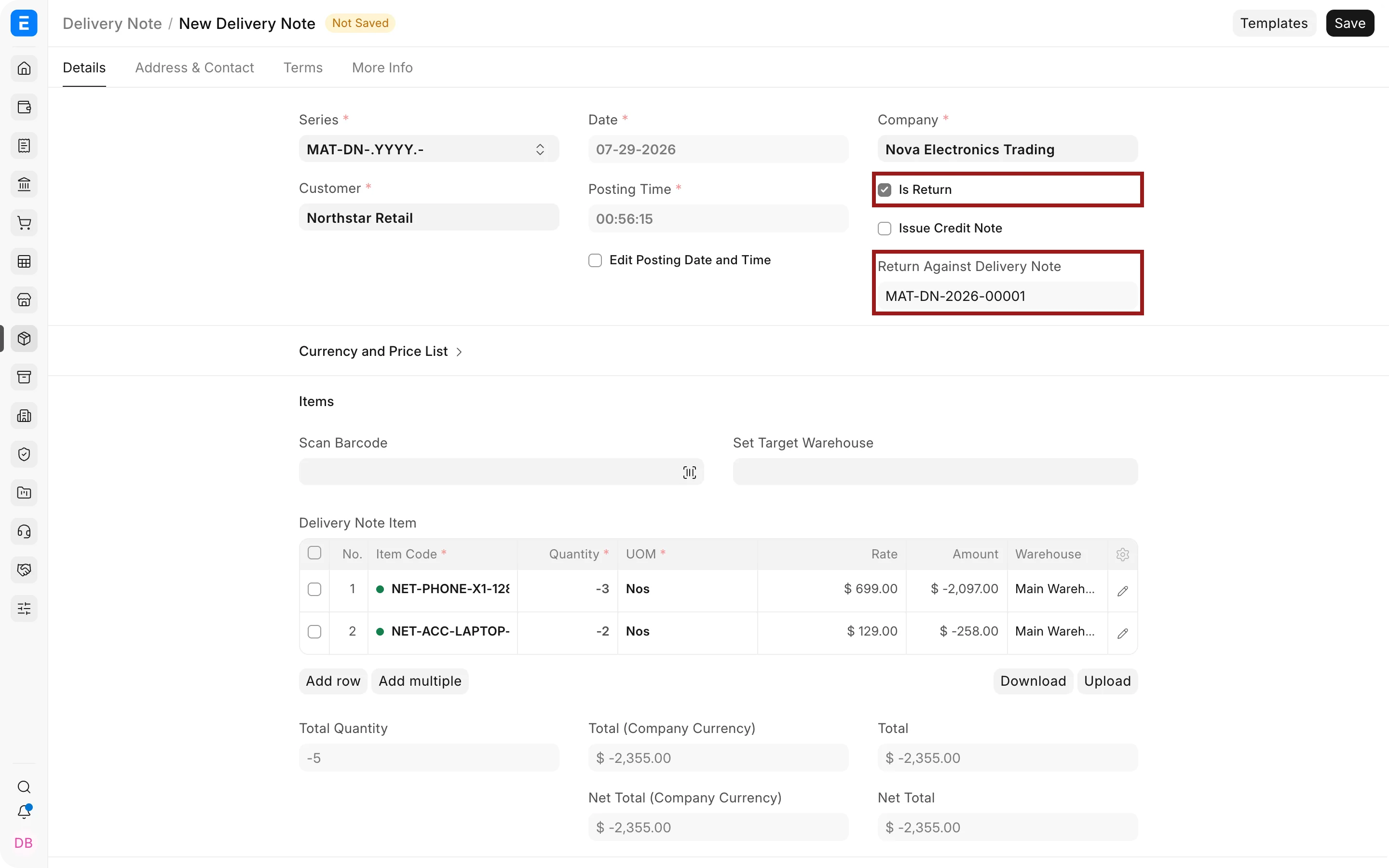 Return Delivery Note with Is Return and Return Against Delivery Note highlighted.