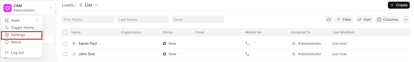 settings dropdown