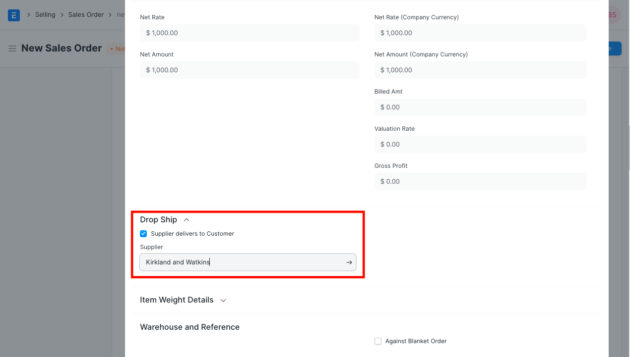 Setup Drop Shipping on Sales Order Item