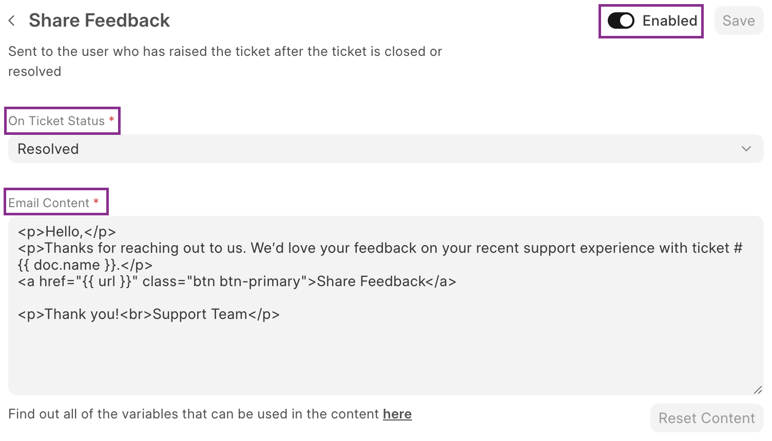 share feedback customizations