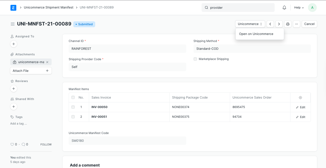 Unicommerce shipment manifest