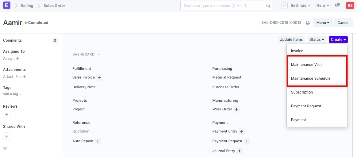 Sales Order Maintenance Type