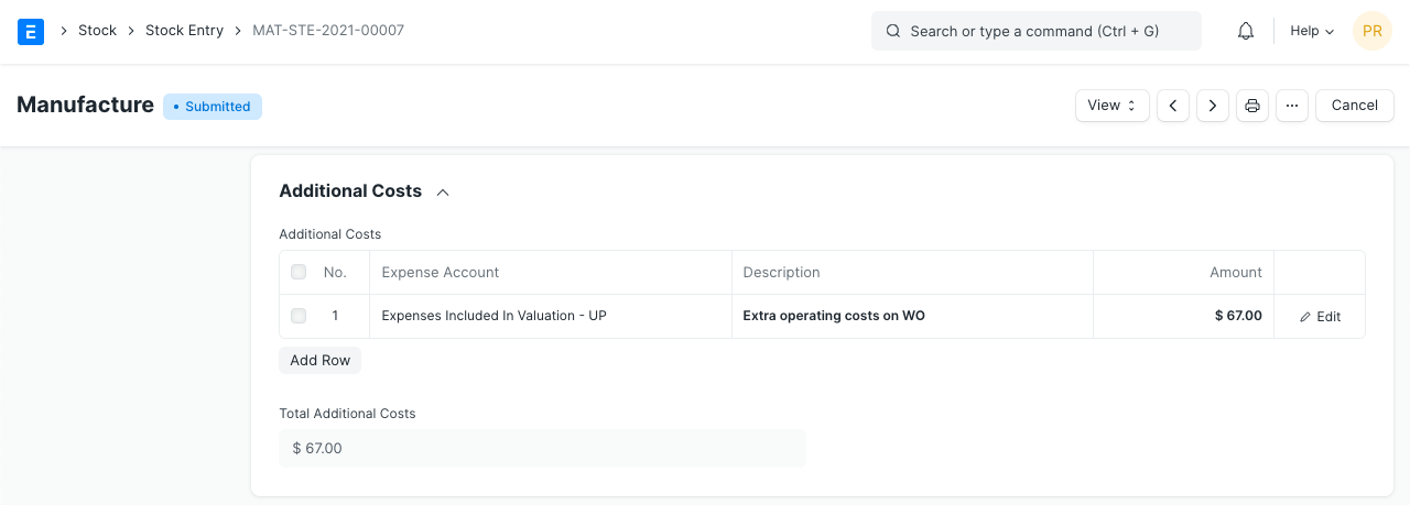 Additional Costs General Ledger