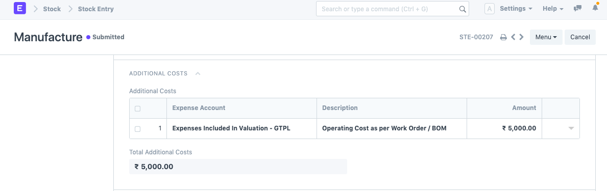 Additional Costs General Ledger