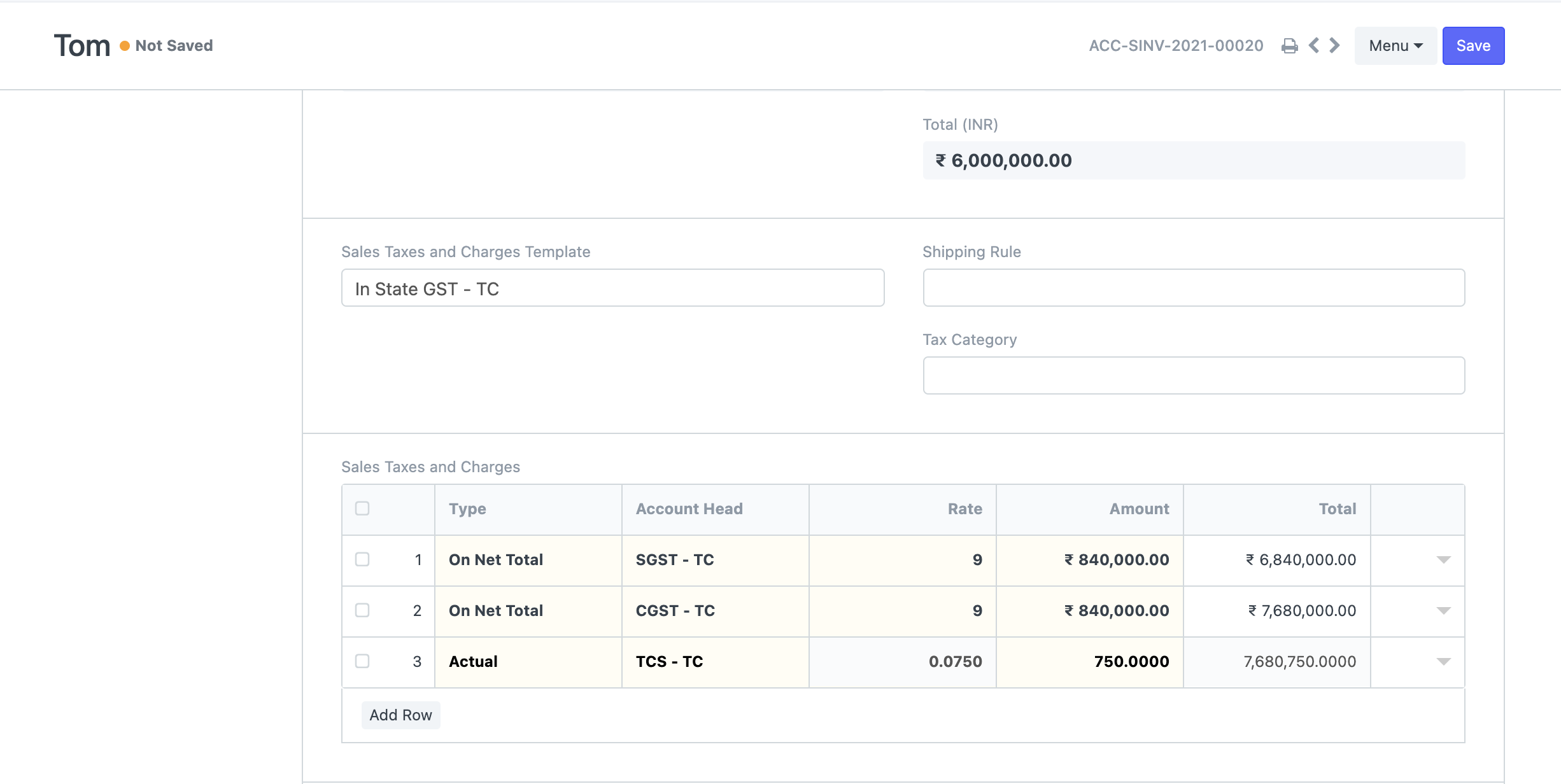 Tax Withholding Category For TCS