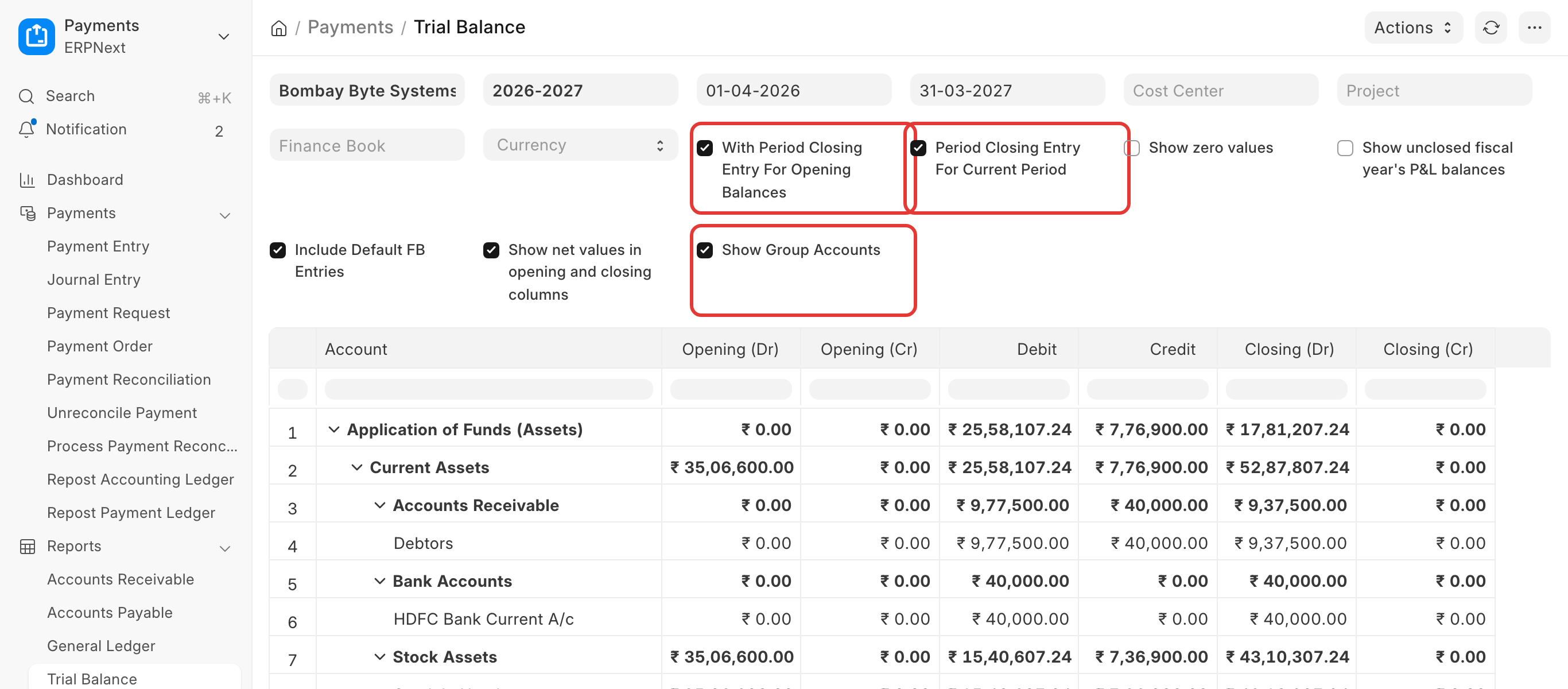 Trial Balance filters for period closing and group accounts