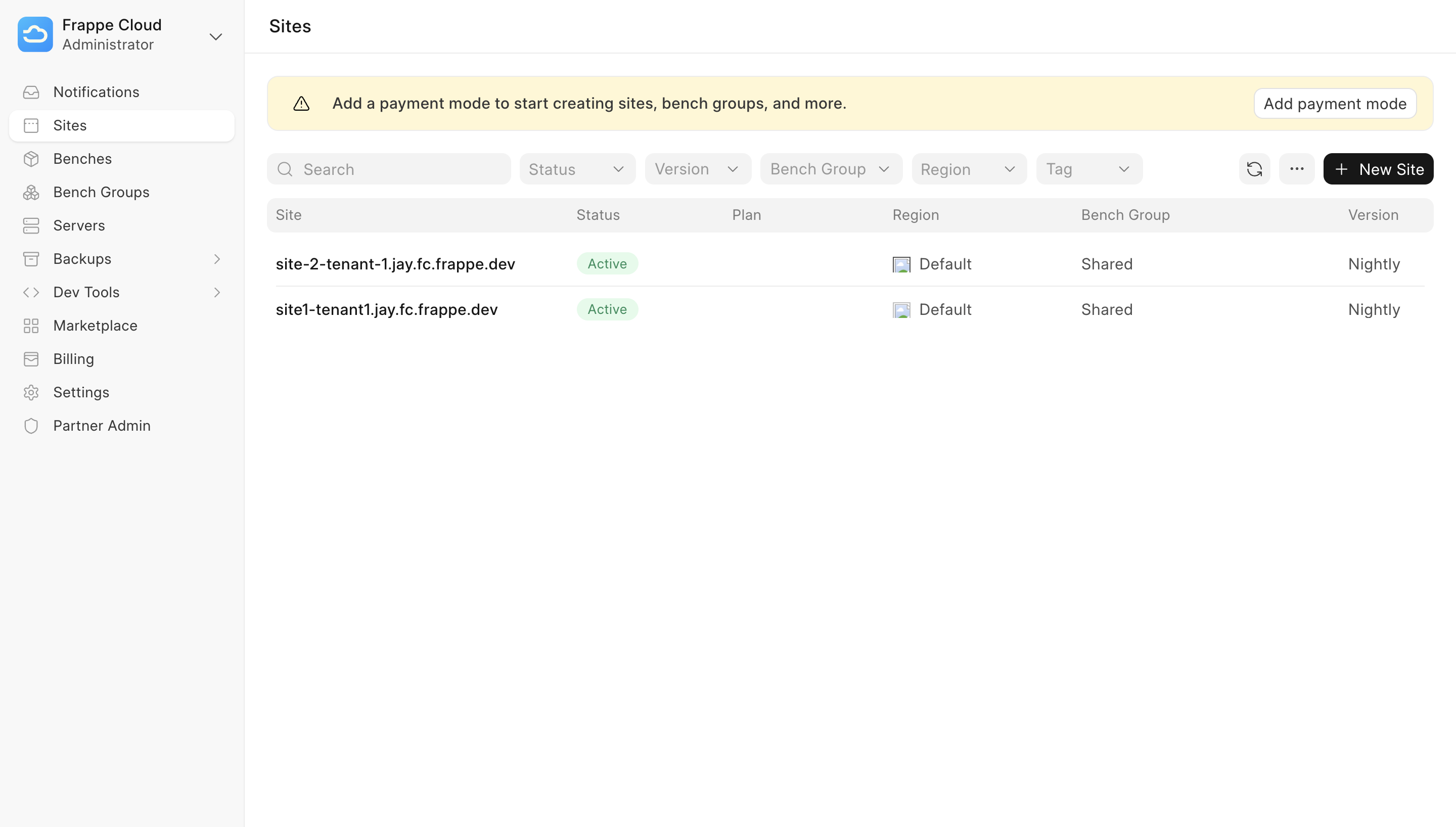 Tenant sites list with entries