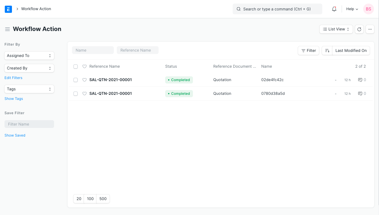 Workflow Action List